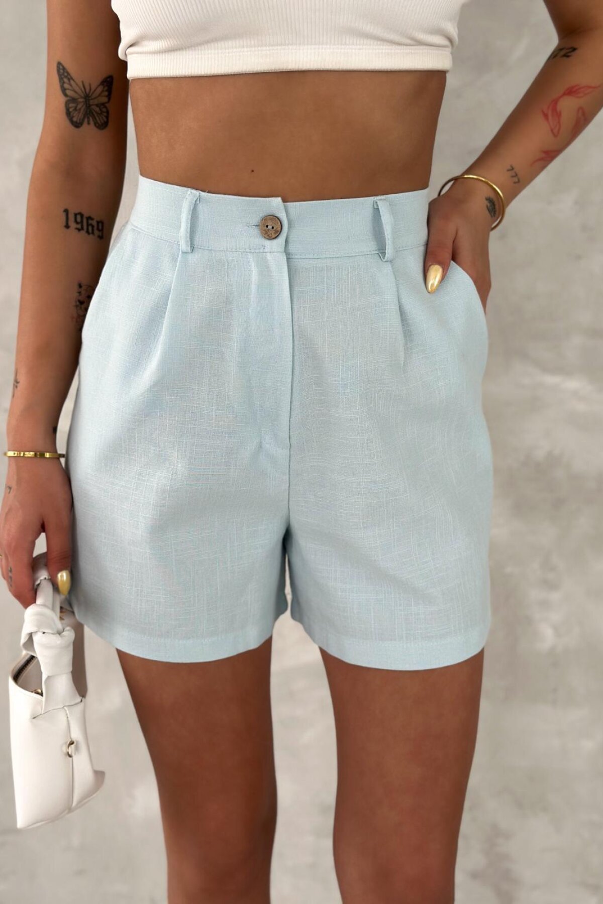 Blue Yellow Slub Linen High Waist Shorts - Özer&Hermin