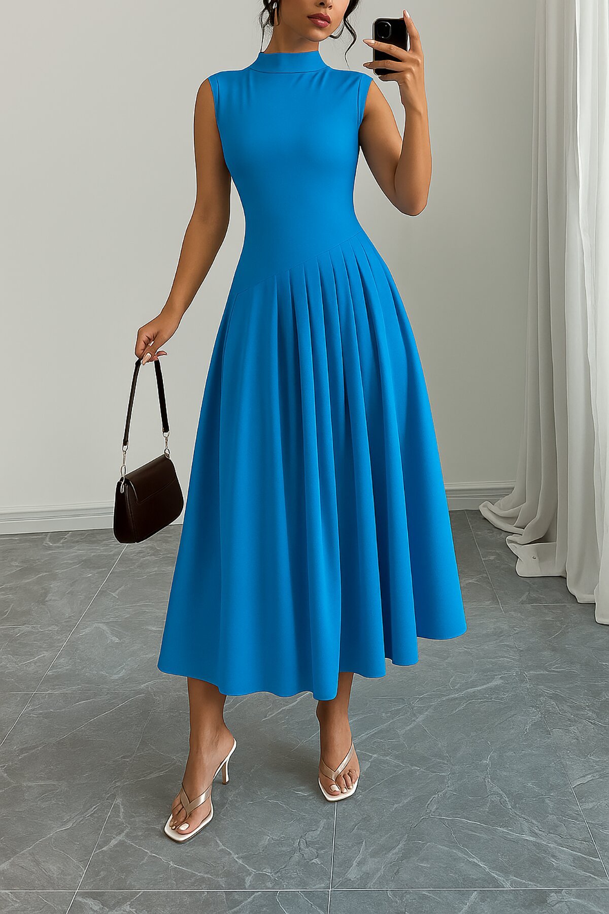 Blue Long Turtleneck Pleated Crepe Dress - Deafox