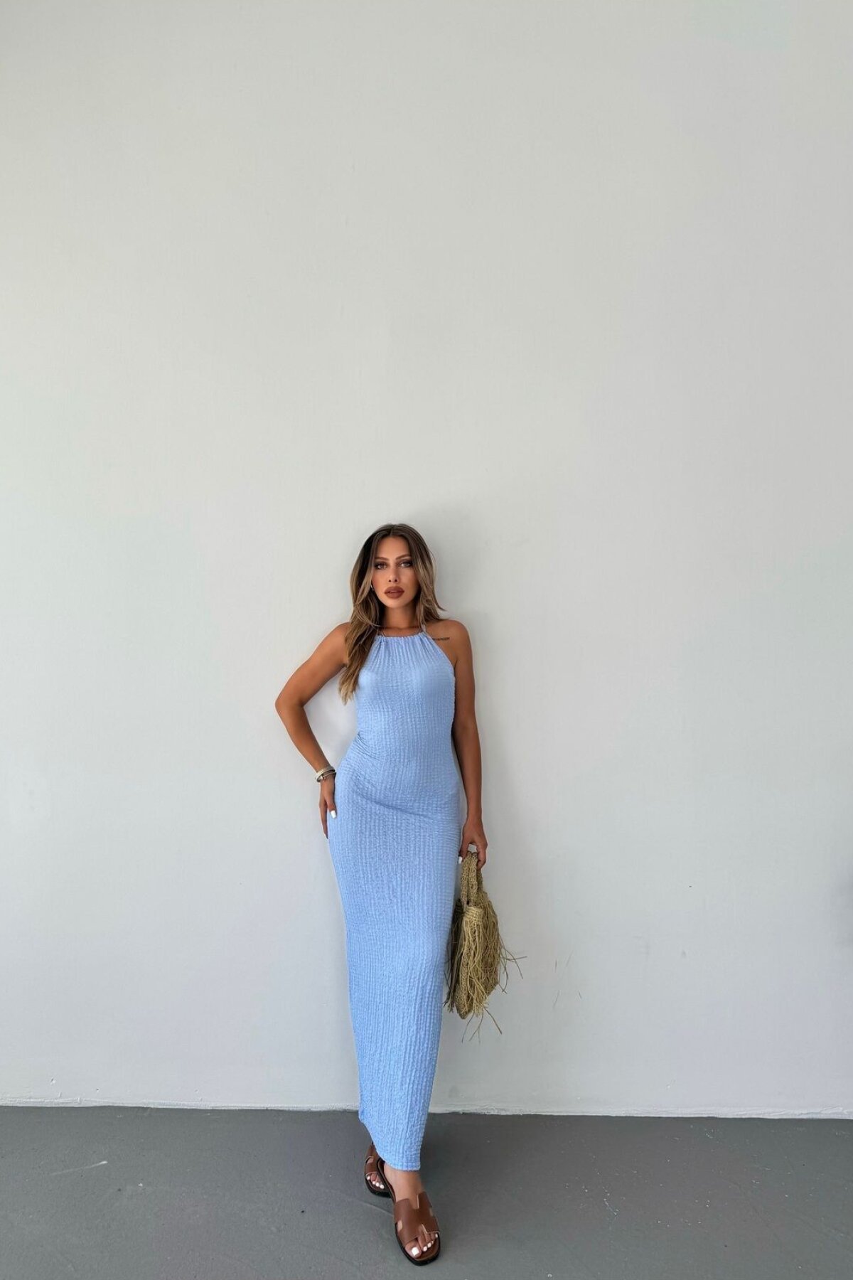 Blue Long Crinkled Fabric Halter Neck Dress - Rabi Shine