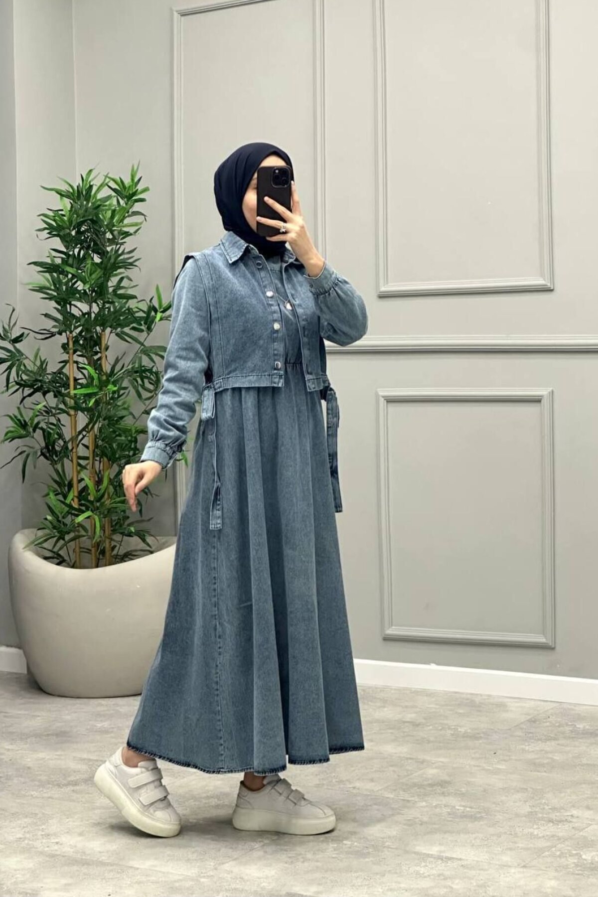 Blue Side-Tie Vest-Detail Denim Modest Dress - OlaLady