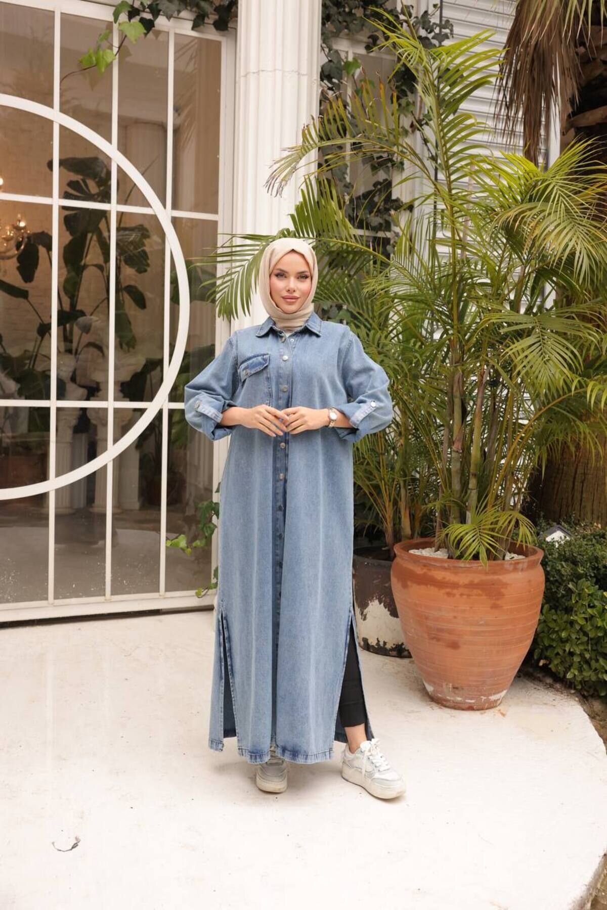 Mavi Yırtmaç Detaylı Düğmeli Gömlek Elbise Denim Kap Pardesü - OlaLady