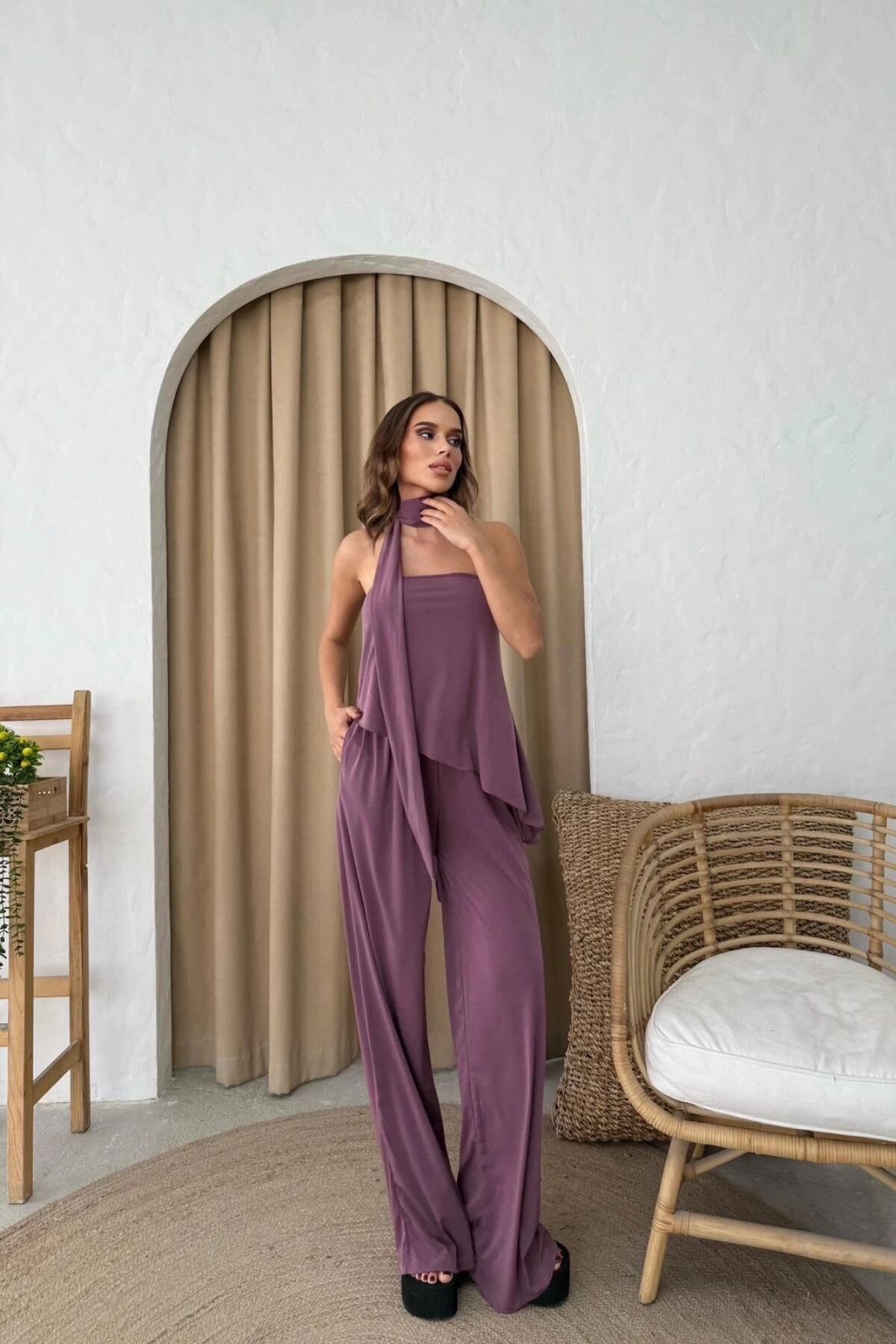 Mor Straplez Asimetrik Bluz Ve Pantolon Fularlı İkili Takım - MOZENA