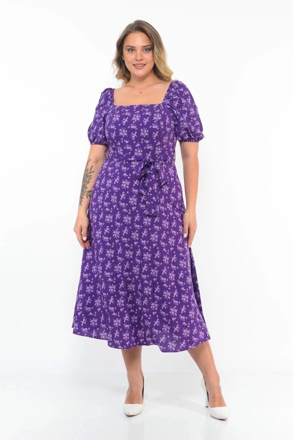 Plum Midi Square Neck Dress with Ruched Sleeve Detail - APSEN