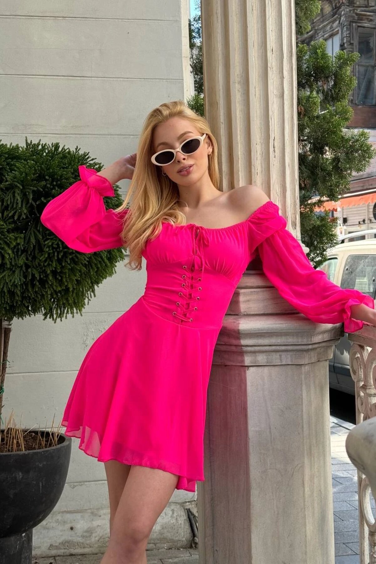 Neon Pink Mini Eyelet Madonna Dress - Luvita Co