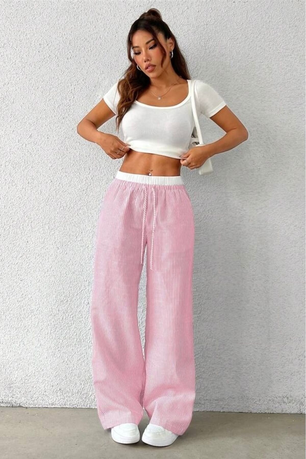 Pink White Striped High Waist Relaxed Fit Pants - Baby Xclub