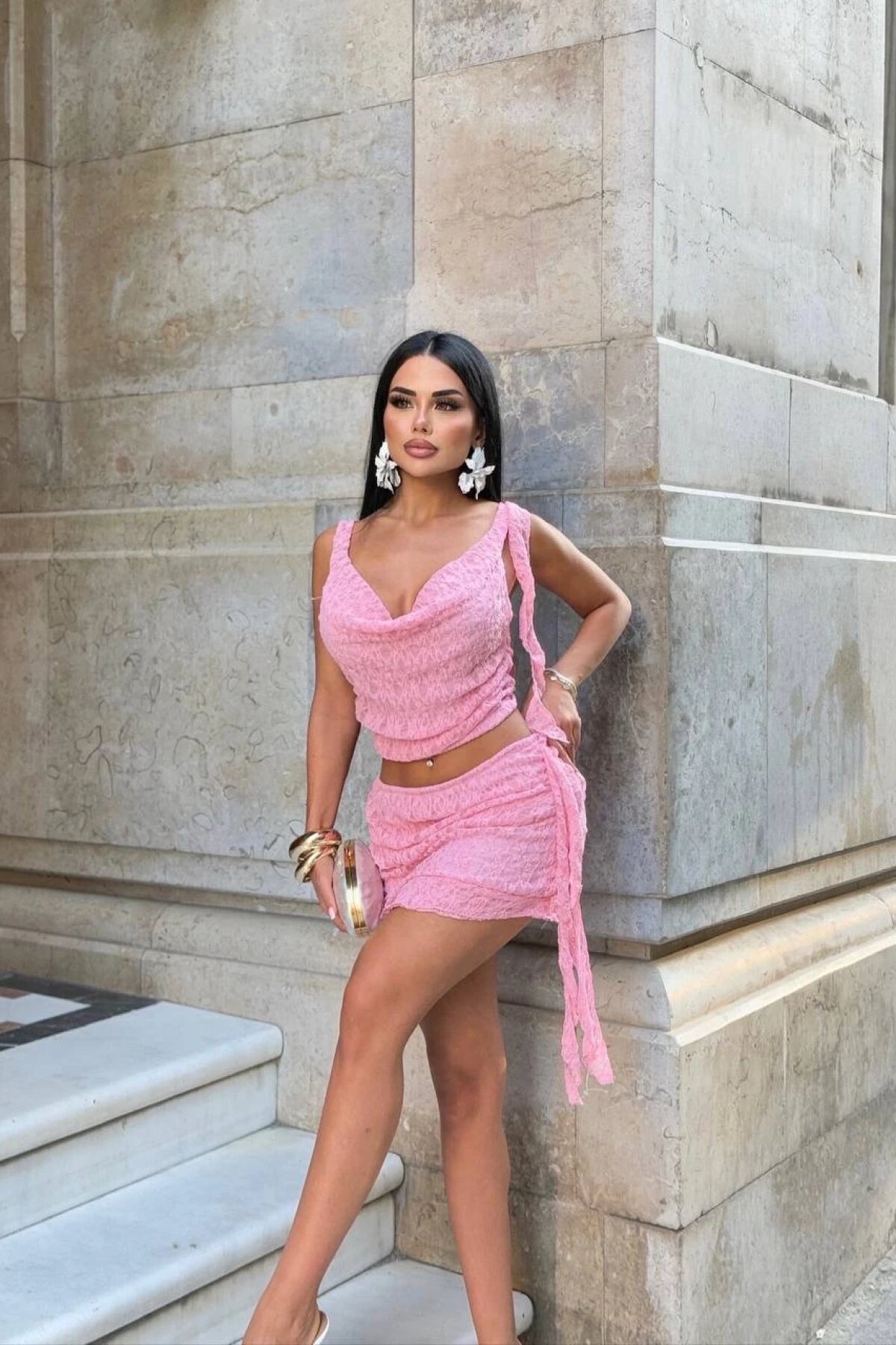 Pembe Degaje Yaka Dantel Detay İkili Takım - Luvita Co