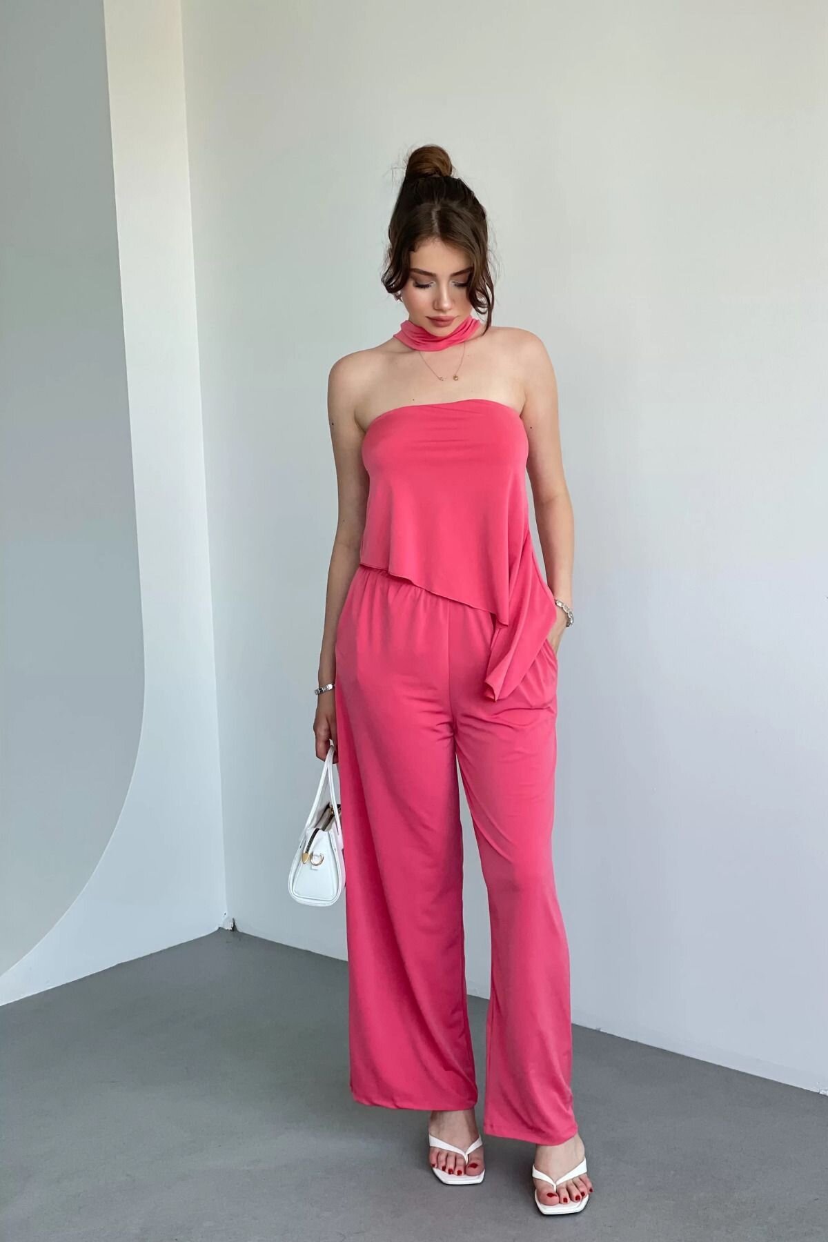 Pink Scarf-Detailed Asymmetric Blouse Pants Two-Piece Set - MOZENA