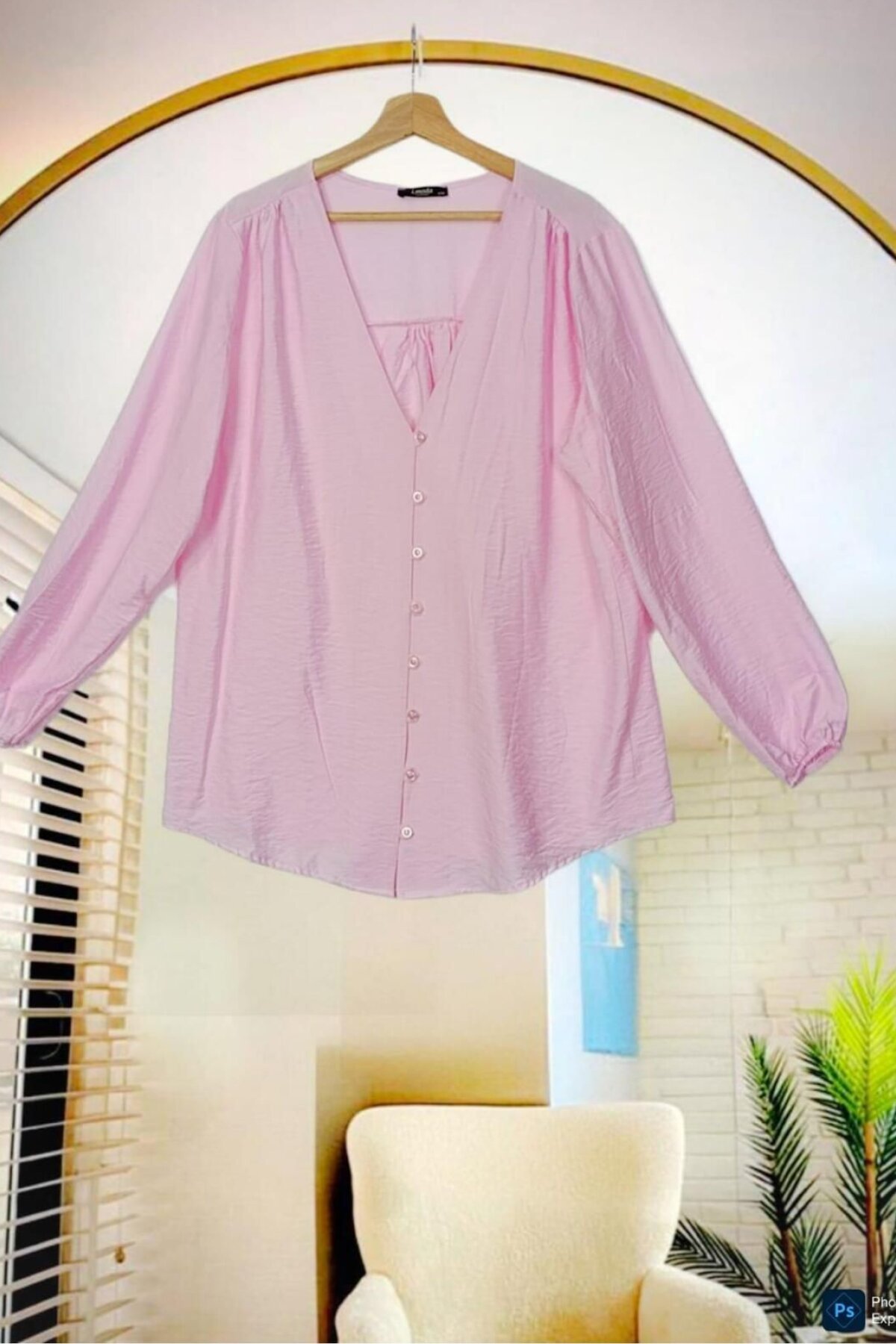 Pembe Lityum Kumaş V Yaka Biritli Tunik - Nergis Neva Butik