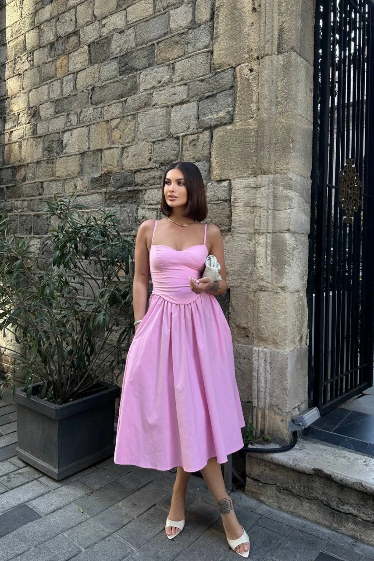 Pink Midi Strappy Linor Smocked Detail Dress - Luvita Co