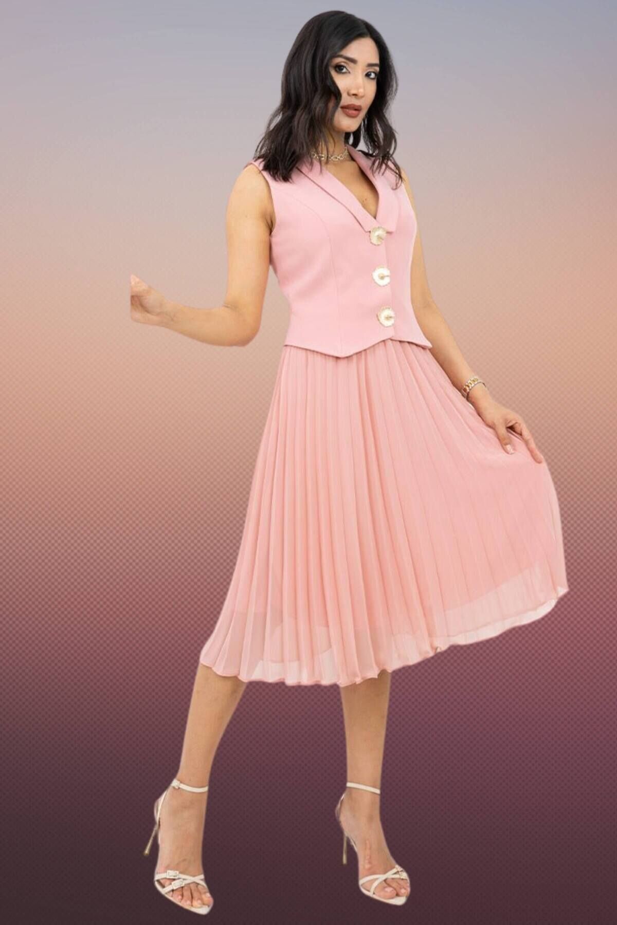Pembe Midi Premium Piliseli Gold Düğme Detaylı Ceket Yaka Abiye Elbise - Moda Amore