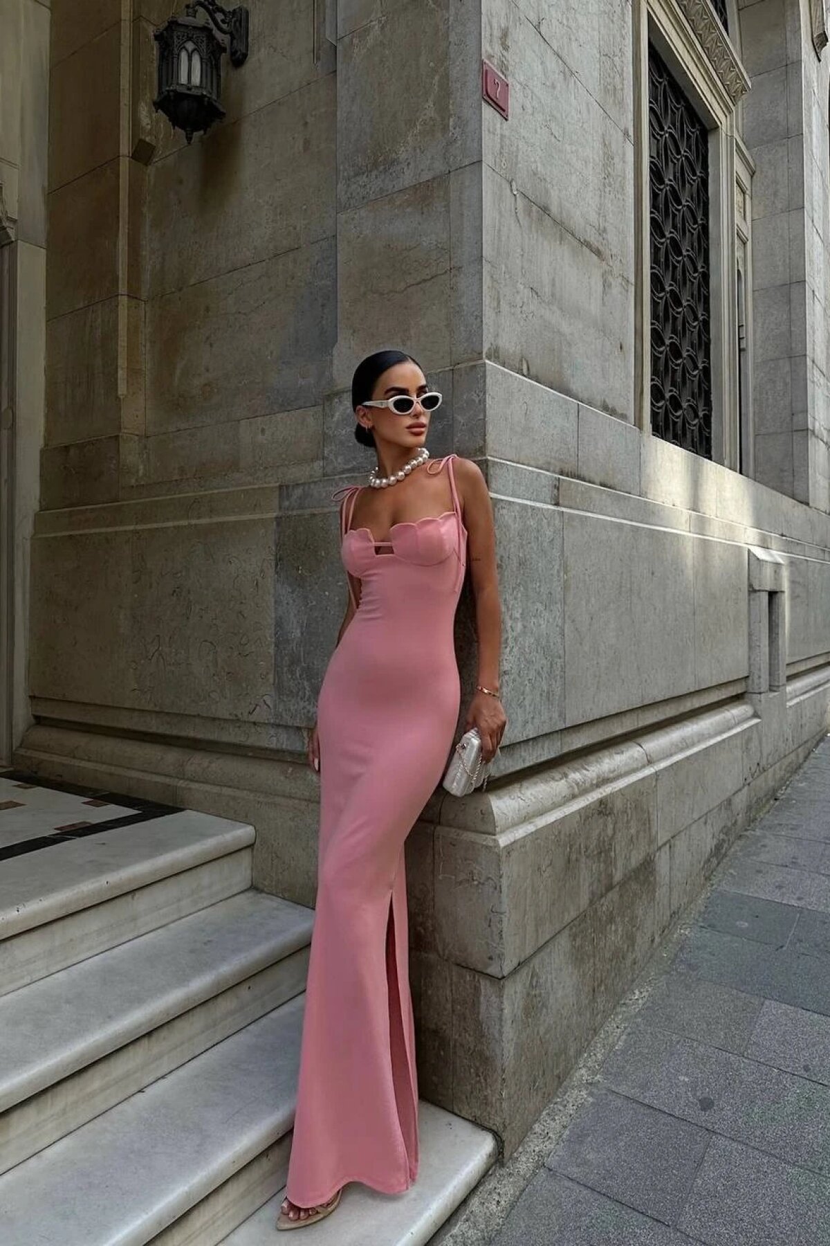 Pembe Uzun Kaylee Askılı Abiye Elbise - Luvita Co