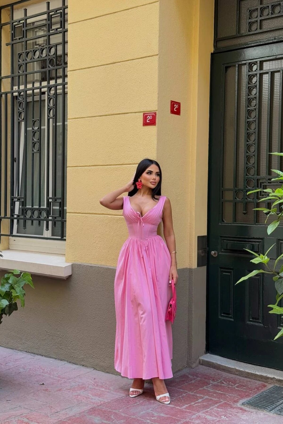 Pembe Uzun Simon Korse Detay Poplin Elbise - Luvita Co