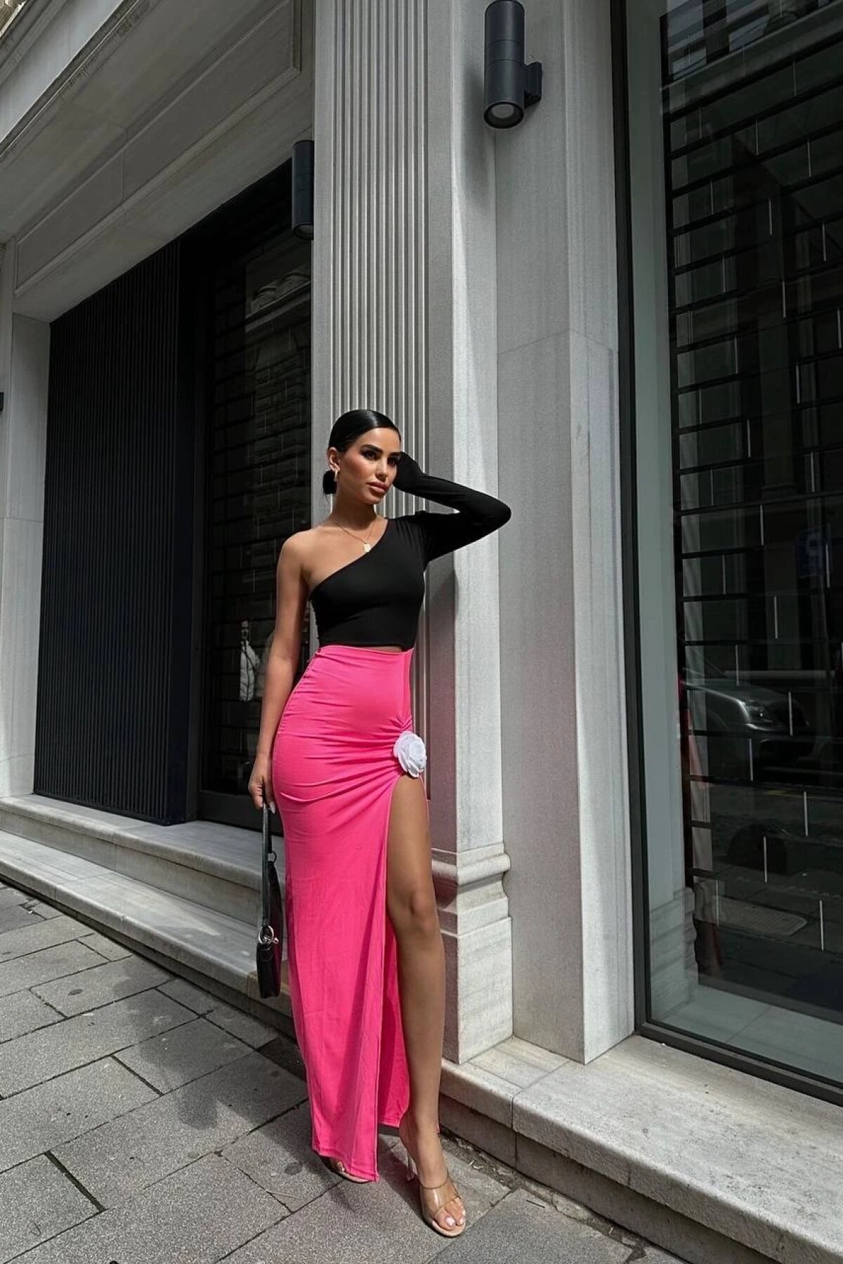 Pembe Uzun Tek Omuzlu Melanie Çift Renk Rose Abiye Elbise - Luvita Co