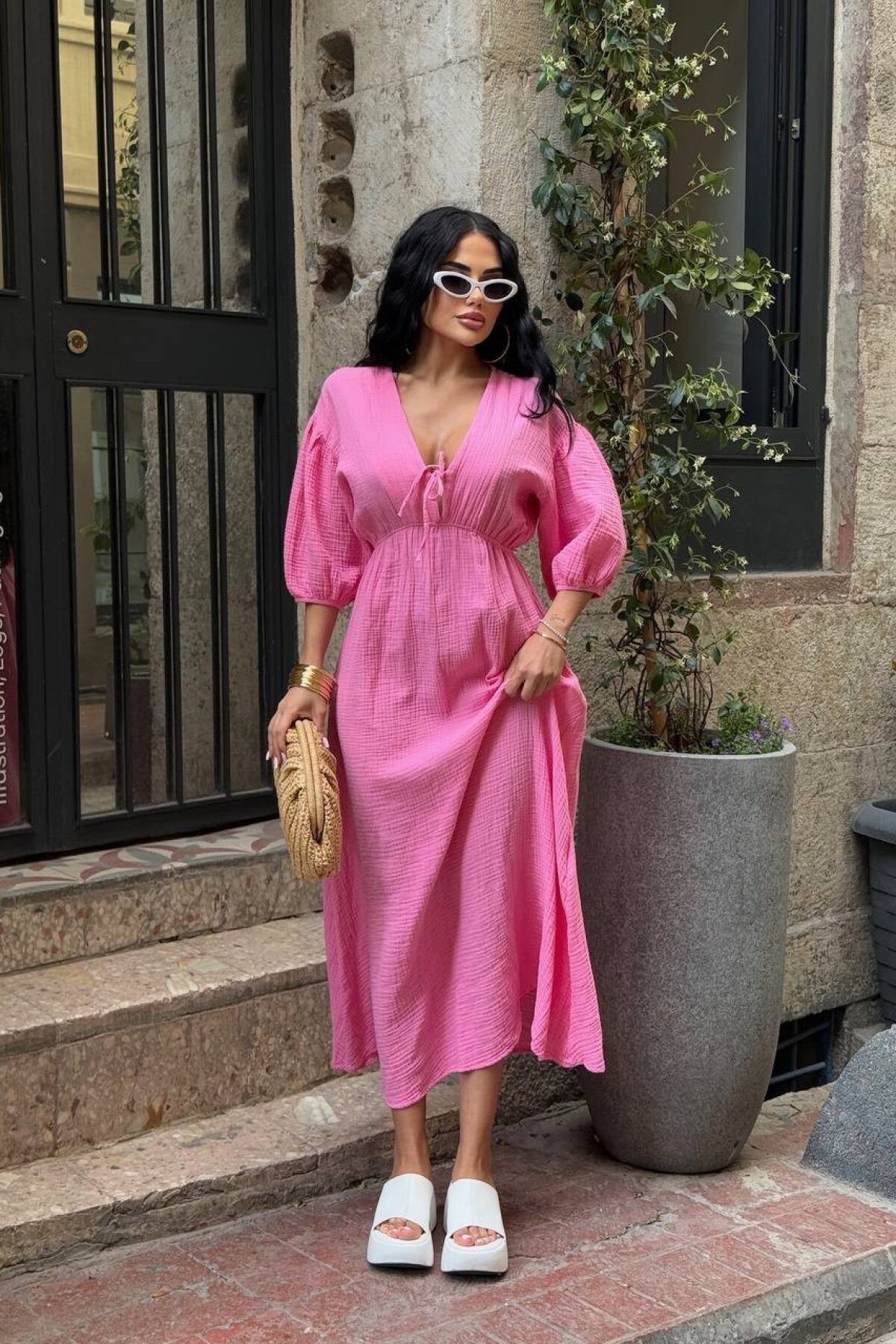 Pembe Uzun Zem Muslin Keten Elbise - Luvita Co