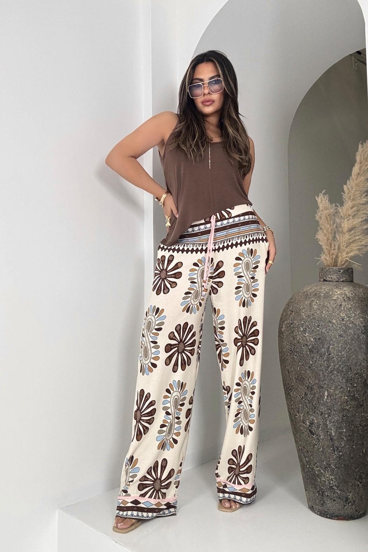 Renkli Bohem Çiçek Desenli Viskon Pantolon - Sohotique By P