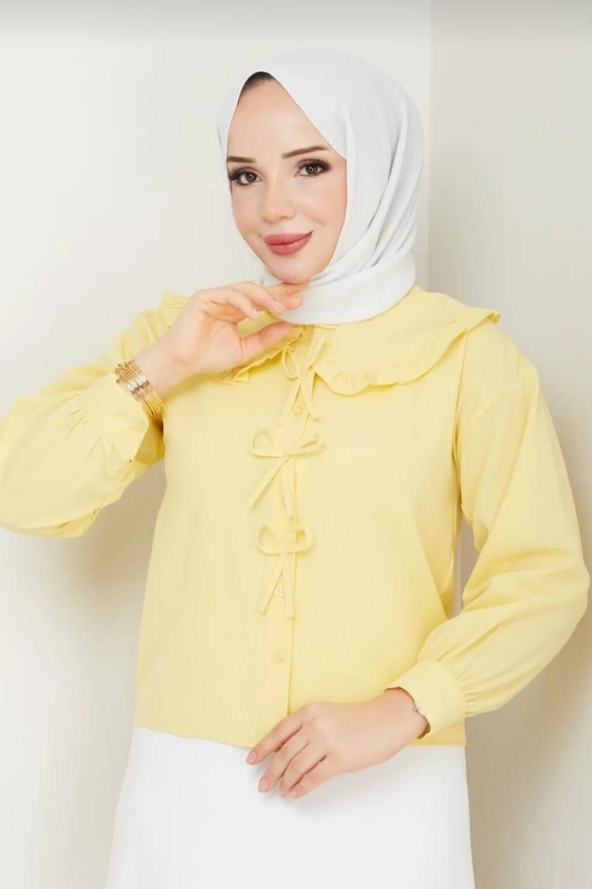 Yellow Poplin Fabric Blouse with Collar Detail and Bow - Nergis Neva Butik