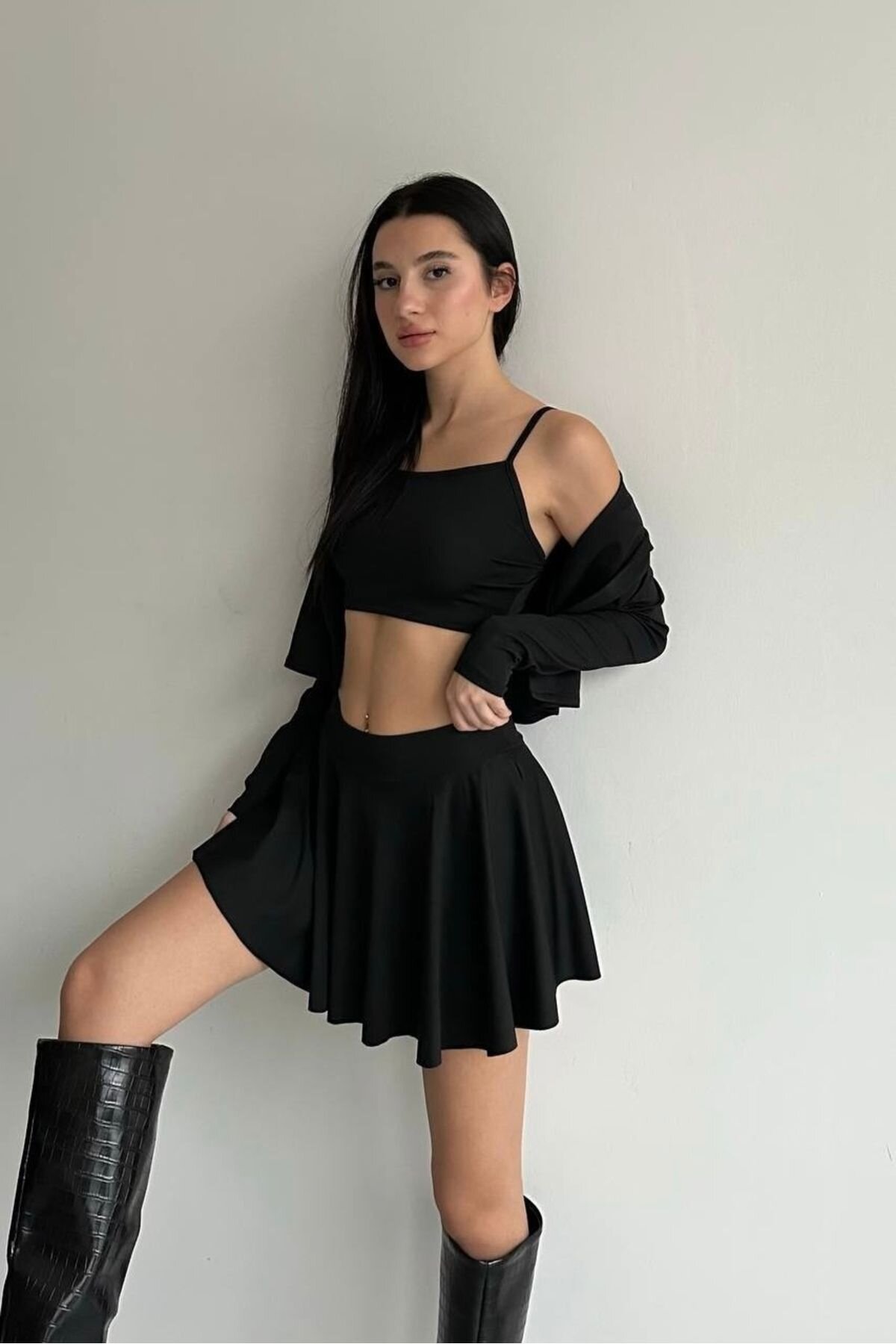 Siyah Askılı Crop Hırka Ve Şortlu Etek Üçlü Takım - Baby Xclub