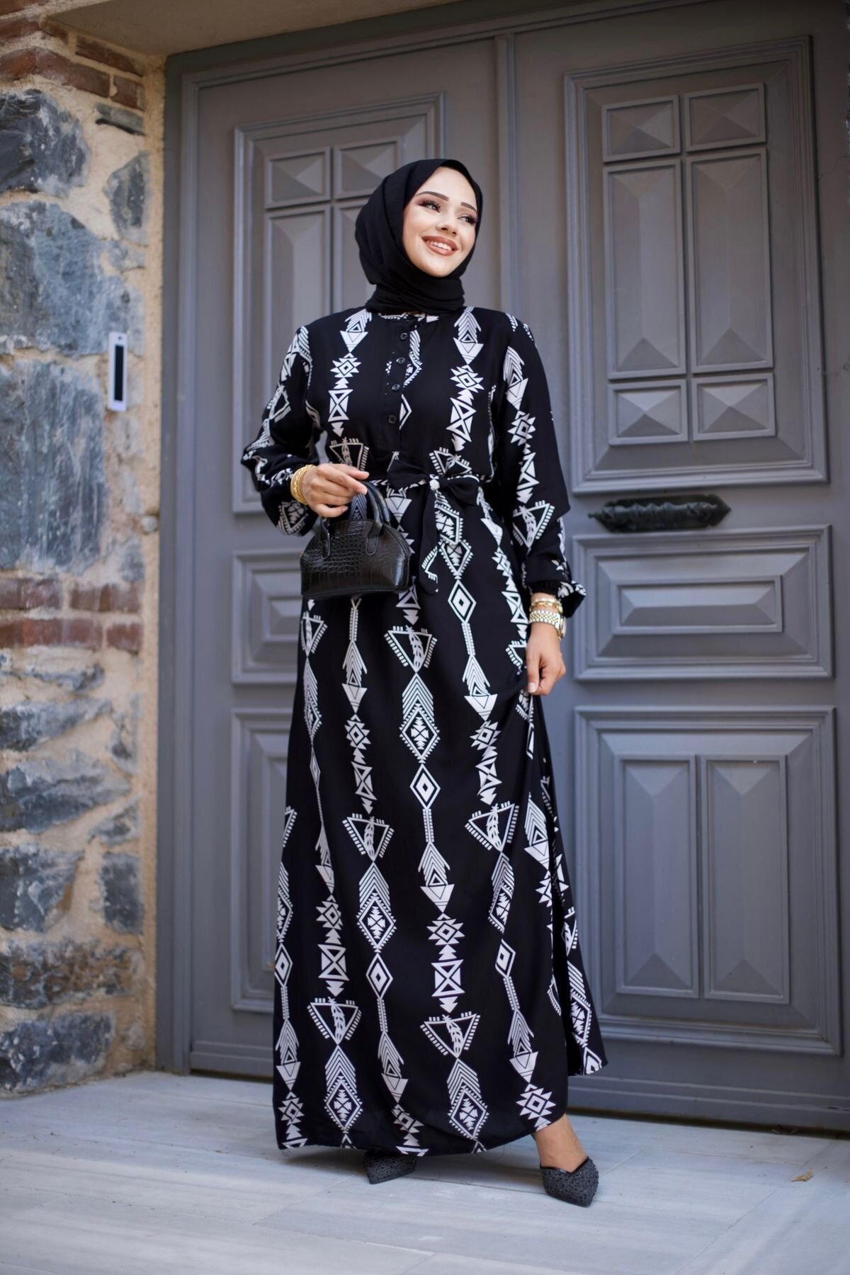 Black Crew Neck Front Buttoned and Belted Viscose Modest Dress with Gathered Skirt - SFG Life Moda
