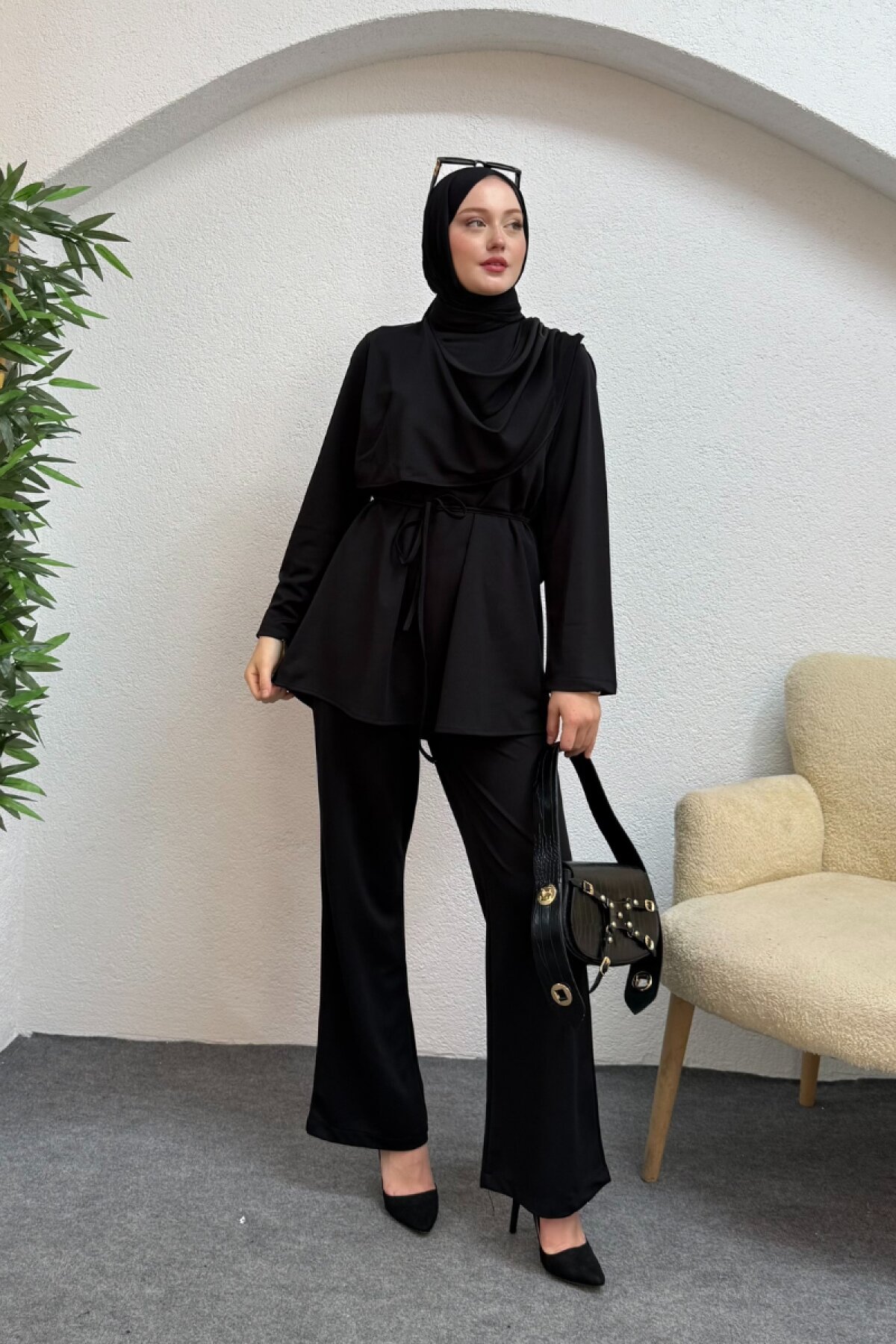 Black Dilara Scuba Two-Piece Modest Set - Ensa Tesettür