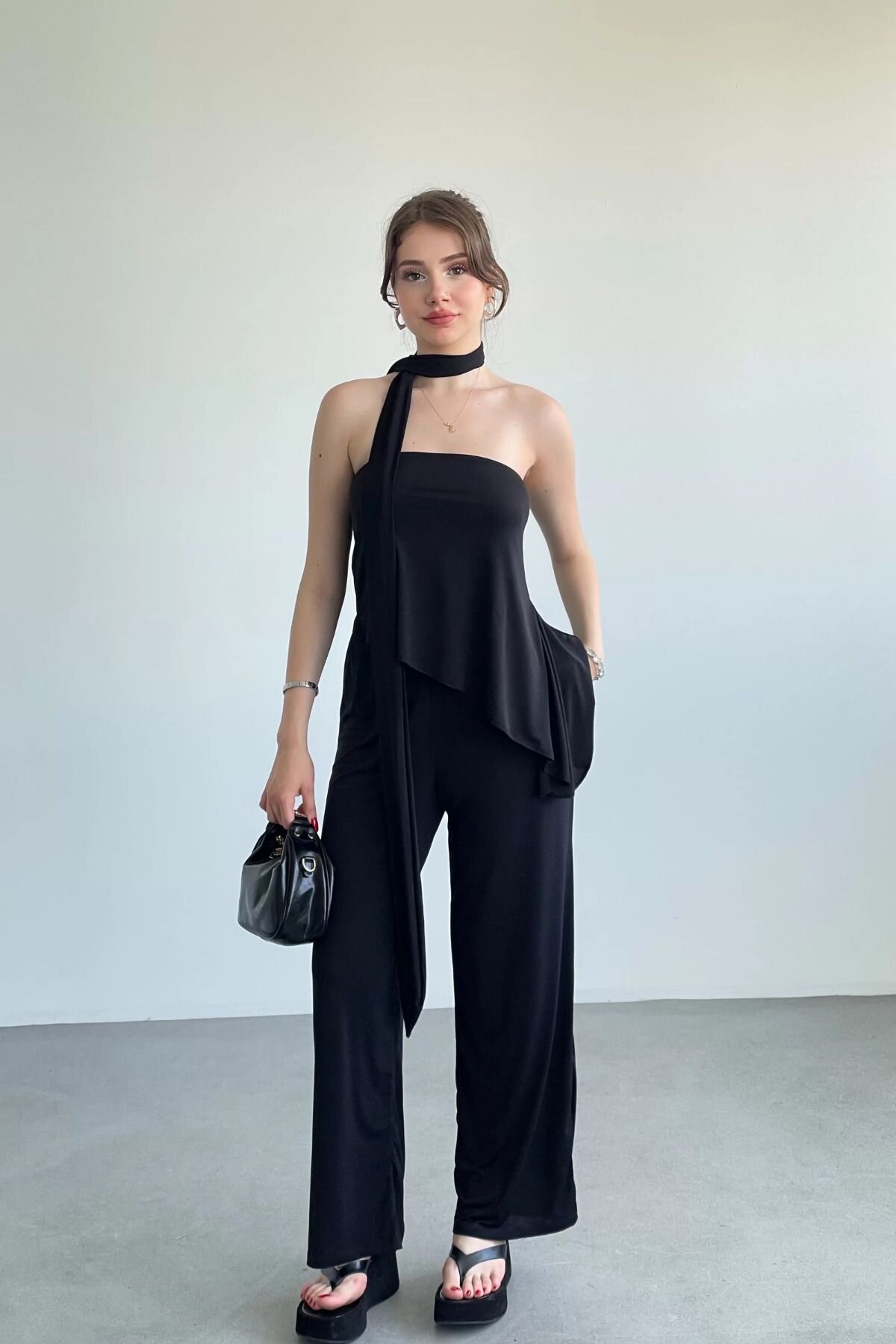 Black Scarf-Detailed Asymmetric Blouse and Pants Two-Piece Set - MOZENA