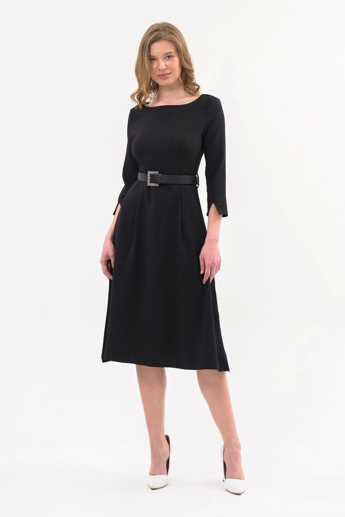 Black Midi Belted Crew Neck Dress - APSEN
