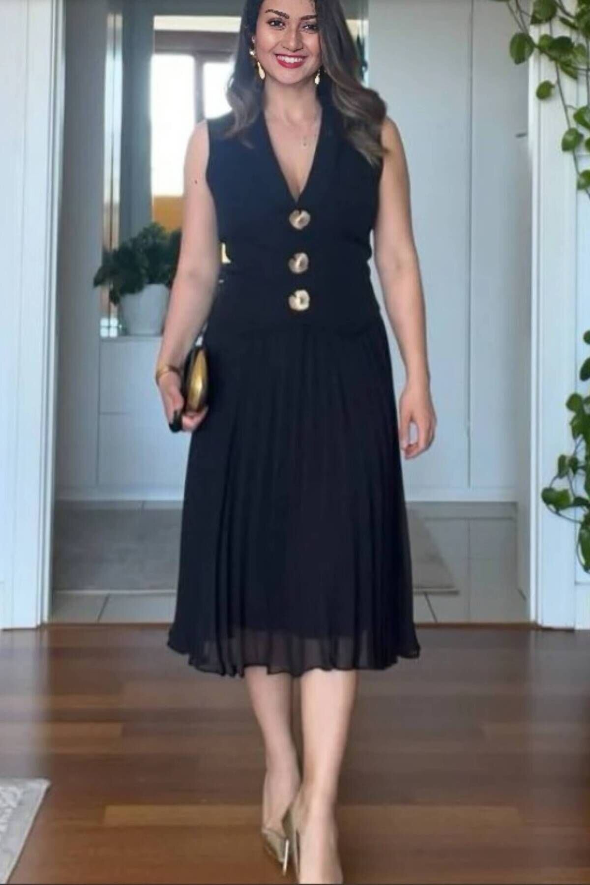 Siyah Midi Premium Piliseli Gold Düğme Detaylı Ceket Yaka Abiye Elbise - Moda Amore