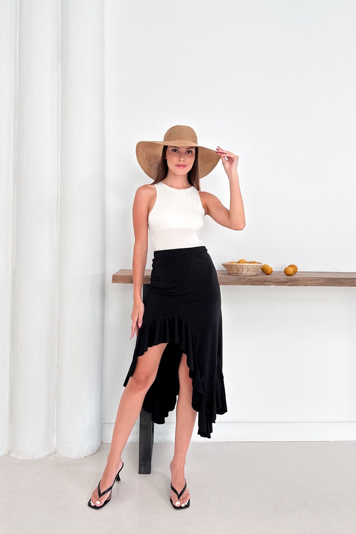 Black Midi Sandy Fabric Ruffled Skirt with Slit Detail - MOZENA