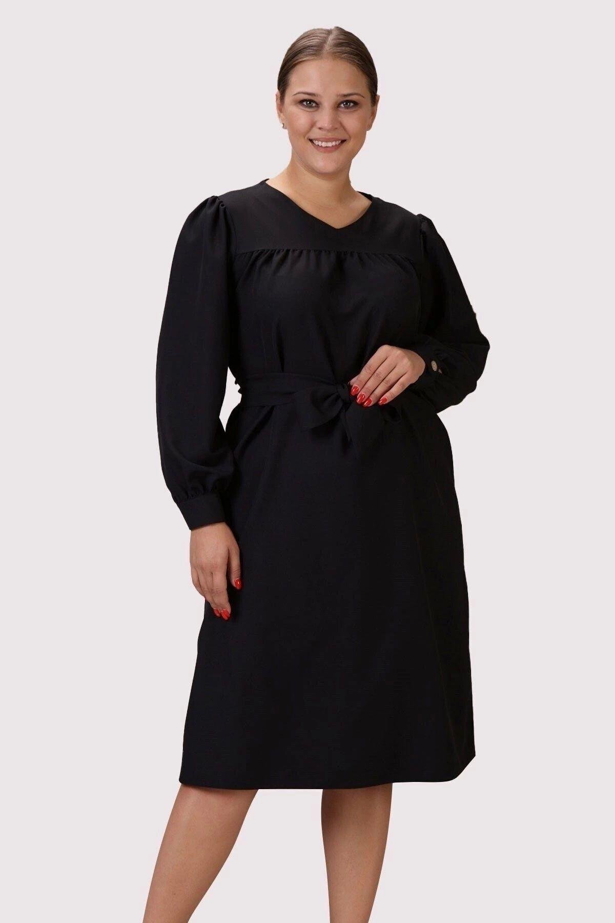 Black Midi V-Neck Detailed Ruched Cuffed Long Sleeve Seasonal Plus Size Dress - APSEN