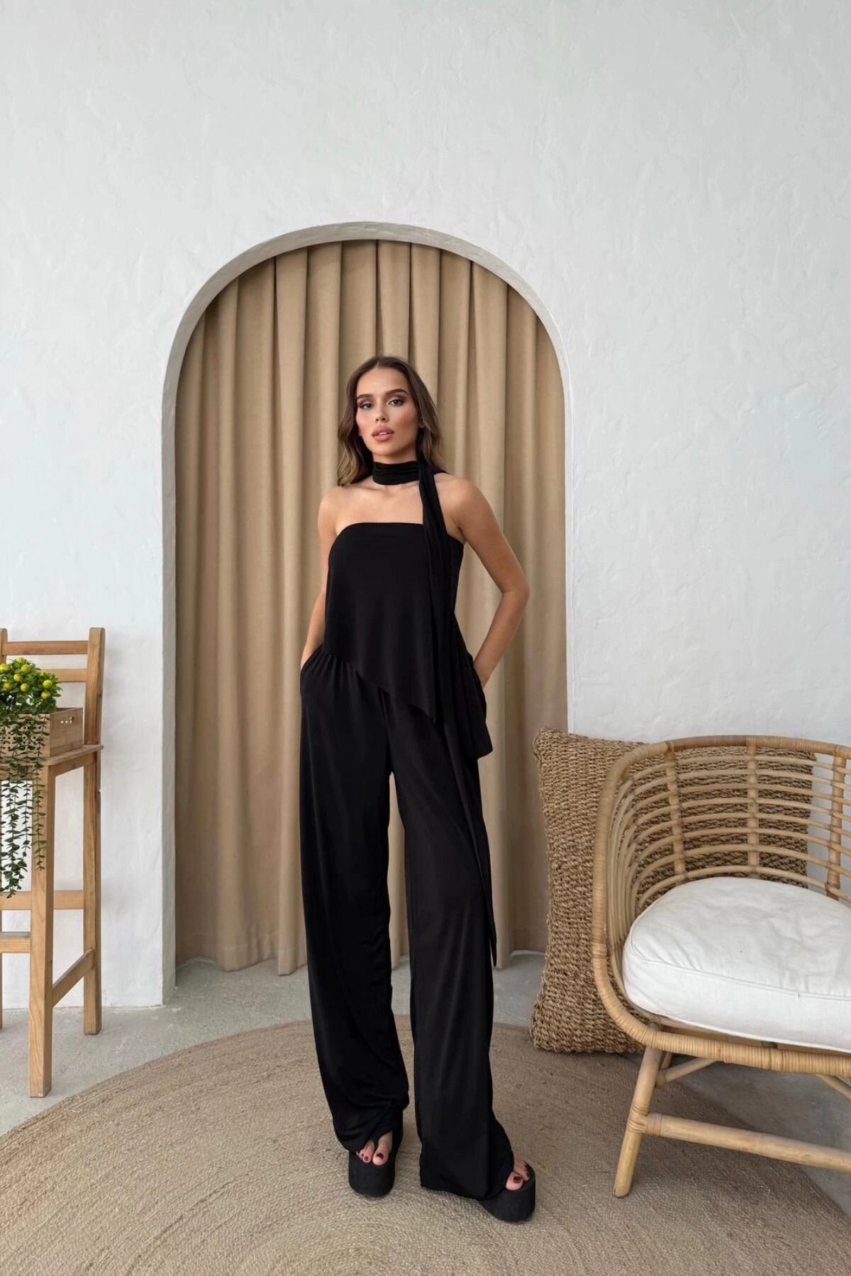 Black Strapless Asymmetric Blouse and Pants Two-Piece Set with Scarf - MOZENA