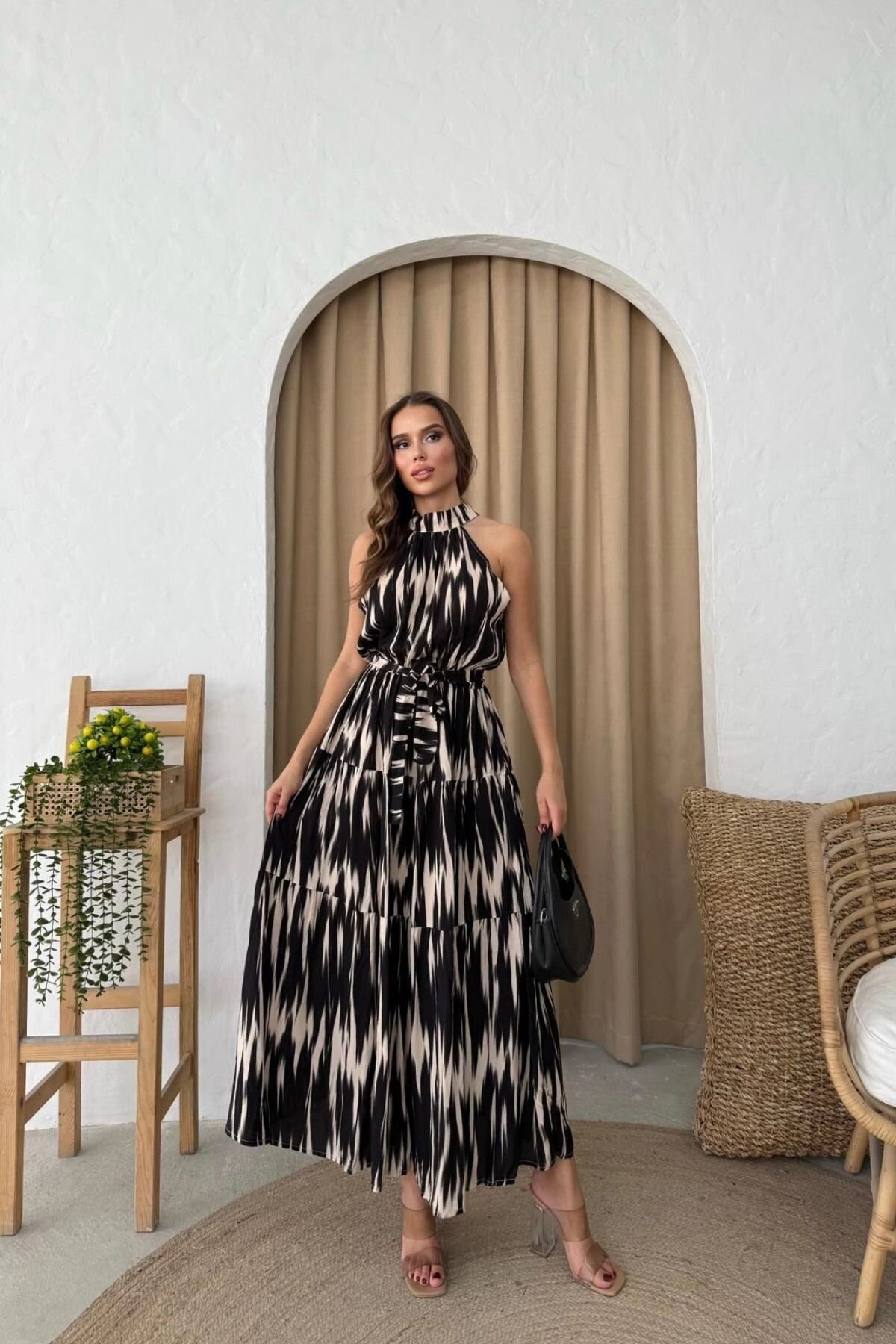 Black Long Belted Halter Neck Patterned Dress - MOZENA