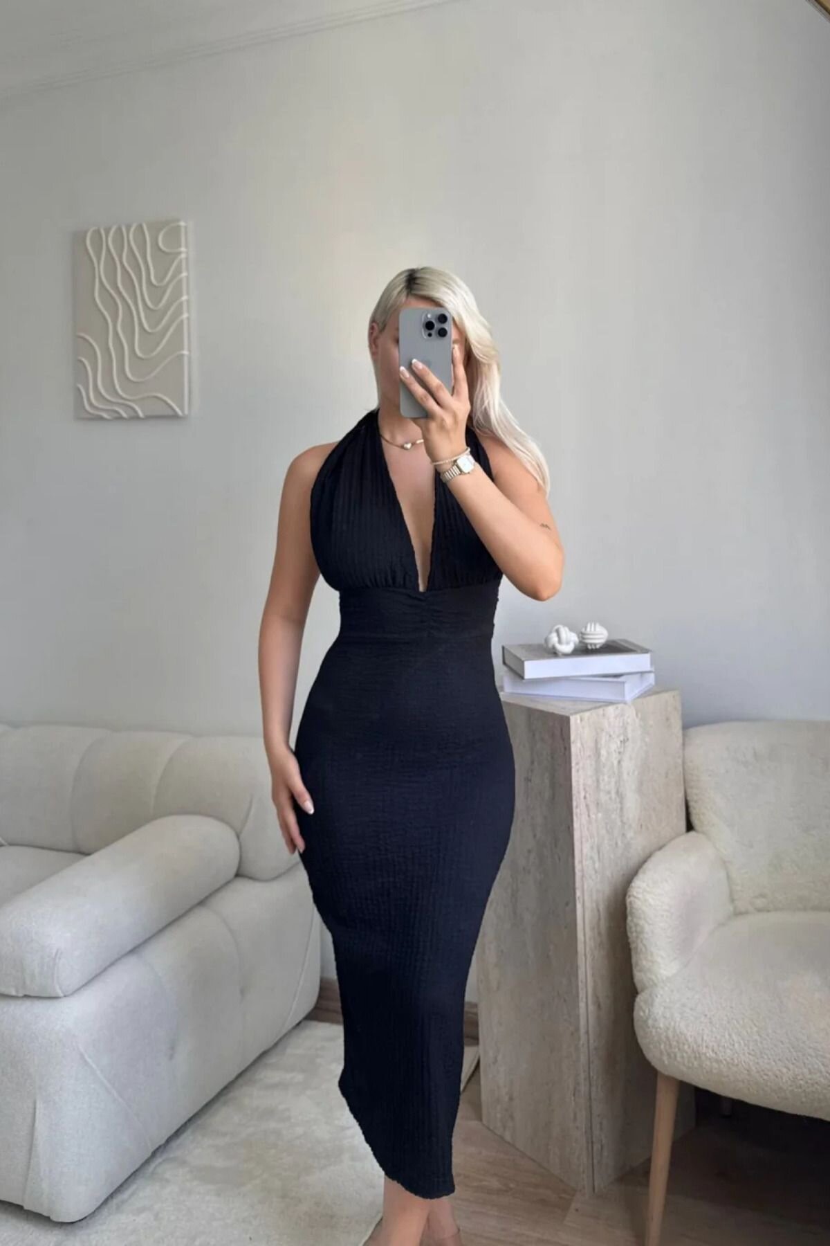 Black Long Halter Neck Textured Dress - MOZENA