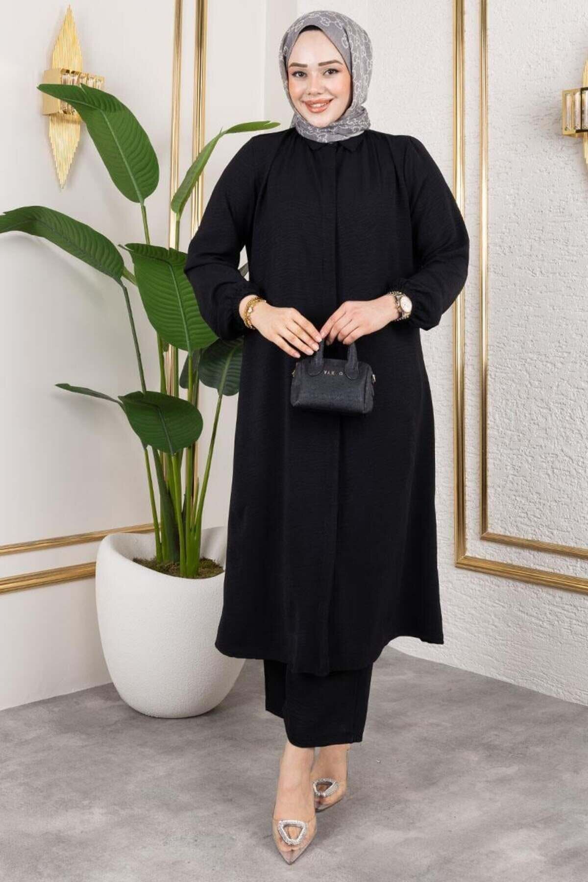 طقم حجاب طويل بتونيك ايروبين أسود من قطعتين - Mec Fashion