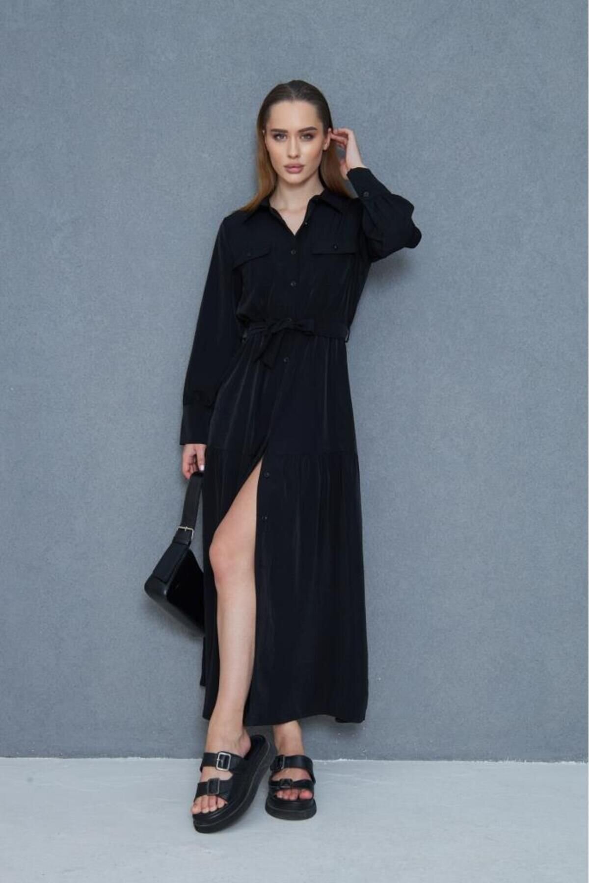 Black Long Viscose Belmando Sleeve Dress with Matching Belt - Pasaklı Giyim