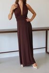 Acı Kahve Uzun Sırt Dekolteli Boyundan Bağlamalı Yırtmaçlı Elbise