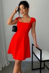 Light Red Midi Square Neck Short Sleeve Scuba Crepe Fabric Dress