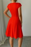 Açık Kırmızı Midi Kare Yaka Kısa Kollu Scuba Krep Kumaş Elbise
