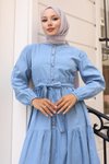 Açık Mavi Düğmeli Kat Kot Tesettür Elbise