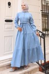 Açık Mavi Düğmeli Kat Kot Tesettür Elbise