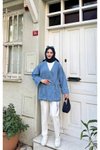 Açık Mavi Yan Bağlama Oversize Kot Ceket