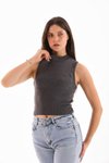 Antrasit Likralı Crop Bluz