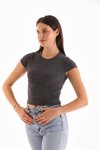 Antrasit Likralı Kısa Kol Crop Bluz