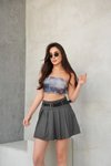 Antrasit Mini Pileli Gizli Fermuarlı Kemerli Şortlu Etek