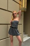 Antrasit Mini Straplez Kemerli Şortlu Etek Elbise