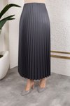 Antrasit Uzun Deri Görünümlü Beli Lastikli Piliseli Etek