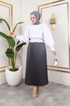 Antrasit Uzun Deri Görünümlü Beli Lastikli Piliseli Etek