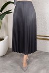 Antrasit Uzun Deri Görünümlü Beli Lastikli Piliseli Etek