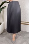 Antrasit Uzun Deri Görünümlü Beli Lastikli Piliseli Etek