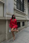 Ateş Kırmızı Mini Meron Saten Gömlek Elbise