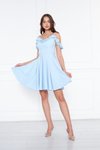 Bebe Mavi Mini Ayarlanabilir Askılı Yaka Fırfır Detay Dokuma Kumaş Pileli Kloş Abiye Elbise