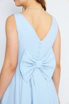 Bebe Mavi Mini Sırtı Fiyonklu Süs Düğmeli V Yaka Pileli Kloş Abiye Elbise